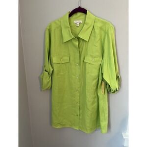 Kim Rogers Women's Plus Size 1X Lime Green 3/4 Sleeve Button-Up Shirt Pocket NWT